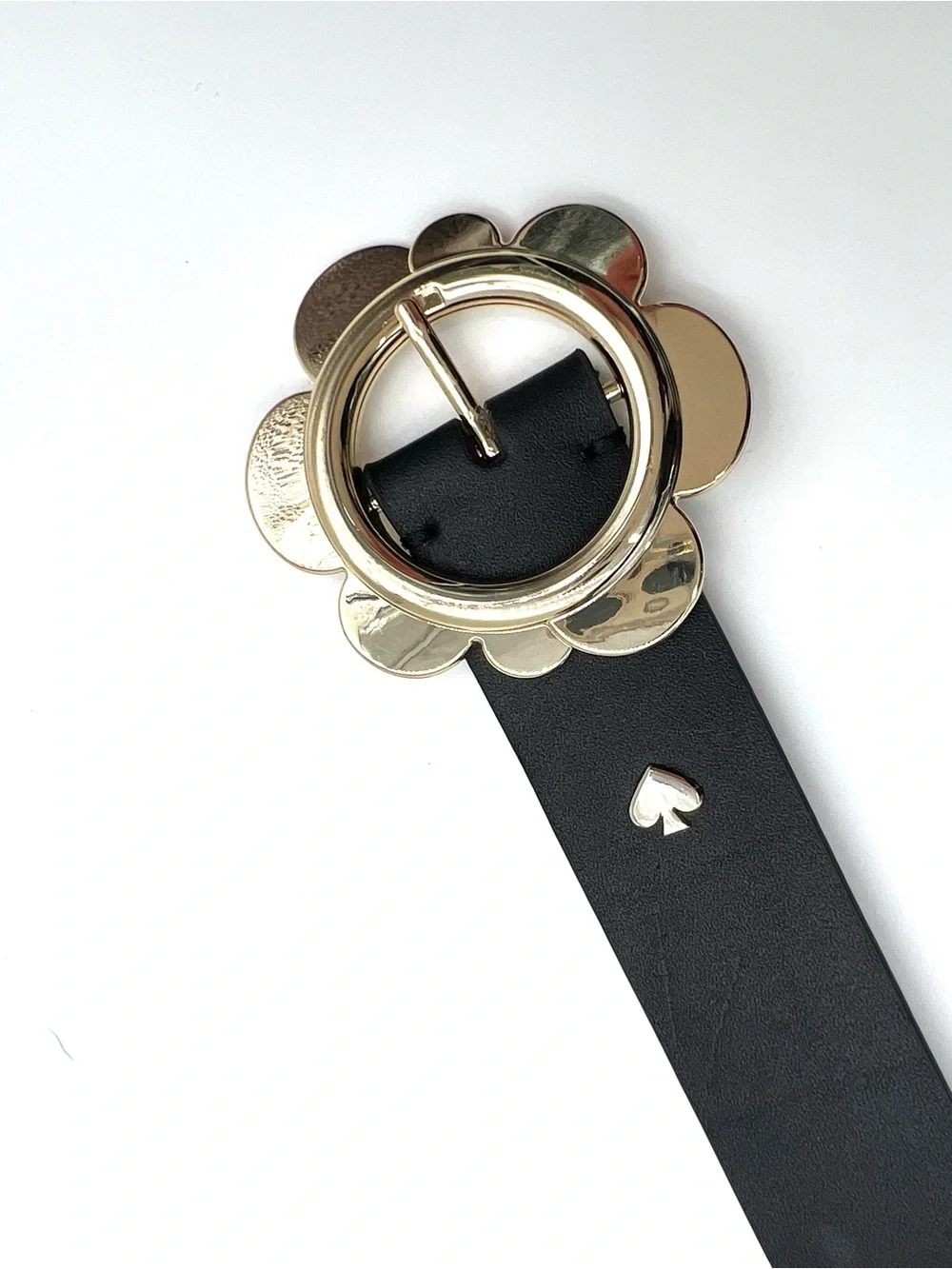 Kate Spade Flower Buckle Black Genuine Leather Belt Gold Size M KS2000565
